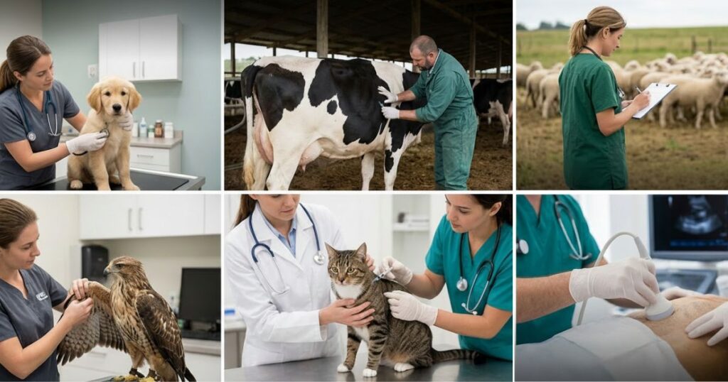 seis fotos de momentos da atuação de médicos veterinários