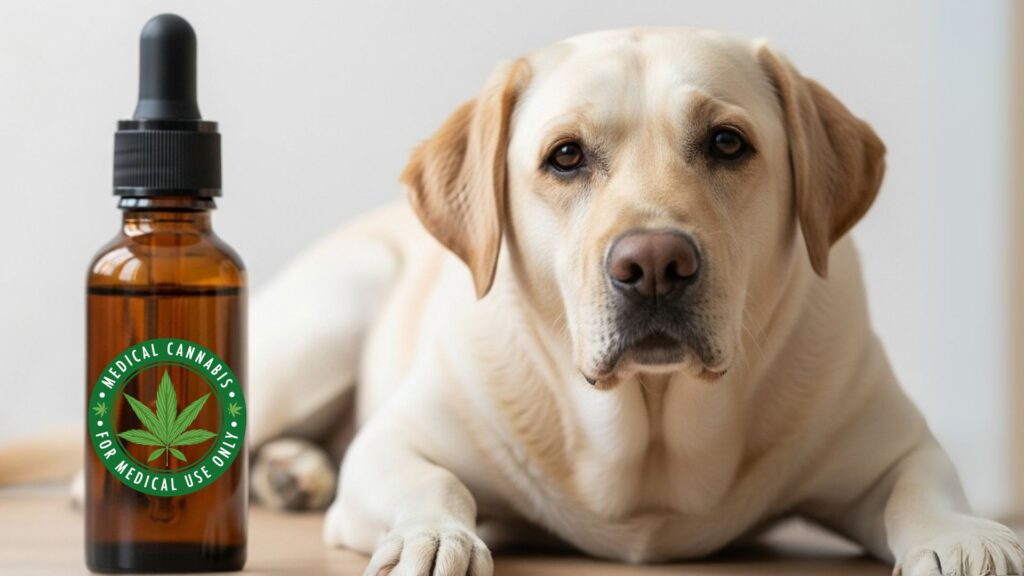 cachorro labrador ao lado de um frasco de cannabis medicinal